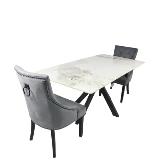 Phoenix 180cm White Ceramic Marble Dining Table With Grey Velvet Black Ring Chairs