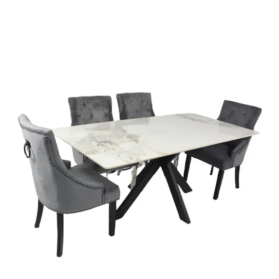 Phoenix 180cm White Ceramic Marble Dining Table With Grey Velvet Black Ring Chairs
