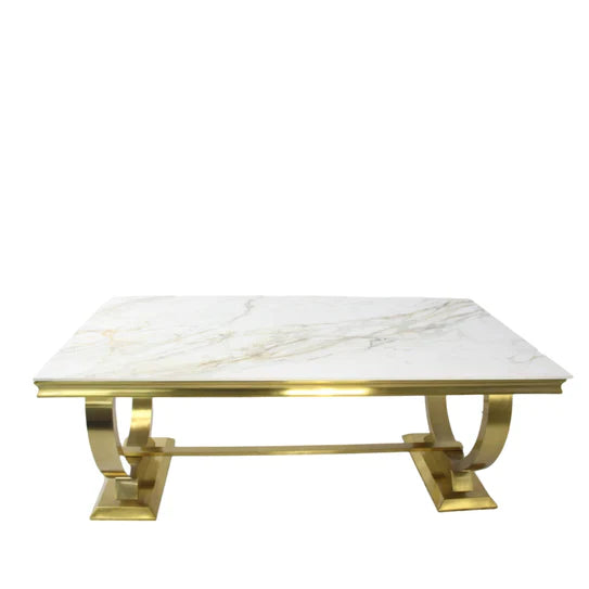 Arianna Marble & Gold Dining Table With Lucy Slim Quilted Gold Ring Knocker Velvet Chairs