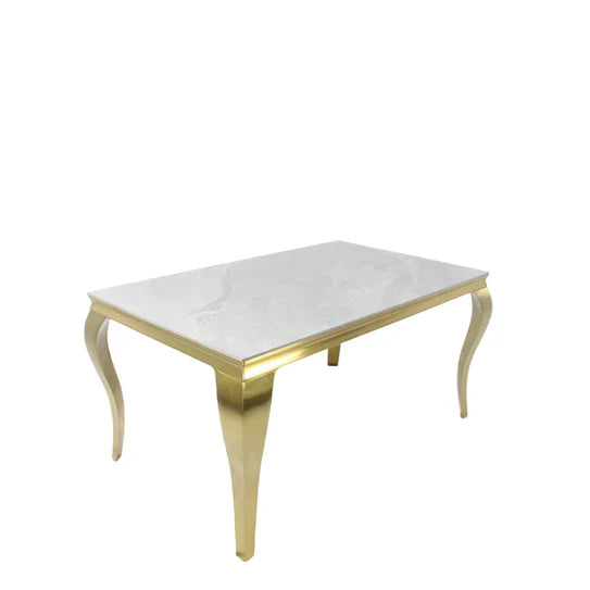 Louis Marble & Gold Dining Table With Lucy Quilted Gold Ring Knocker Velvet Chairs