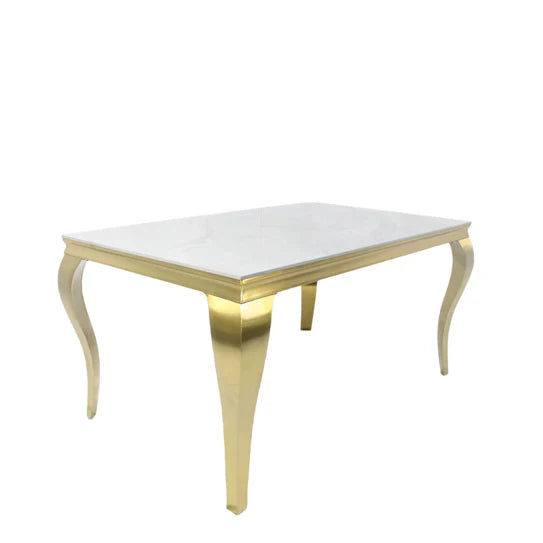 Louis Marble & Gold Dining Table With Shimmer Gold Lion Knocker Dining Chairs