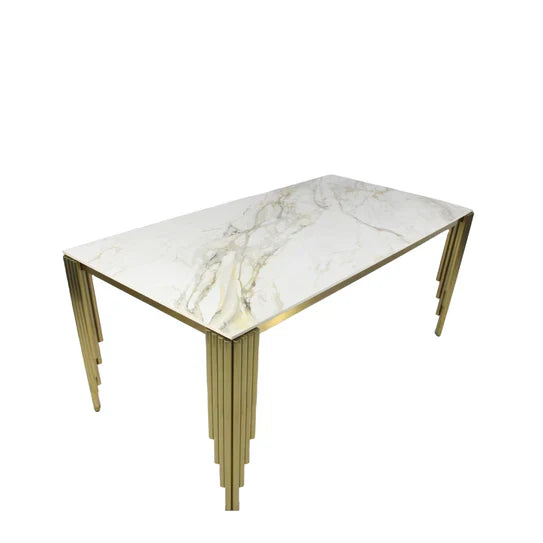 Mayfair 180CM Gold Marble Dining Table With Lucy Gold Ring Knocker Quilted Dining Chairs