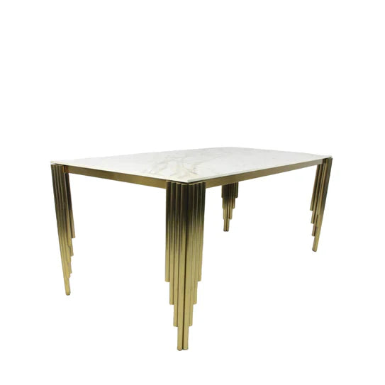 Mayfair 180CM Gold Marble Dining Table With Lucy Gold Ring Knocker Quilted Dining Chairs