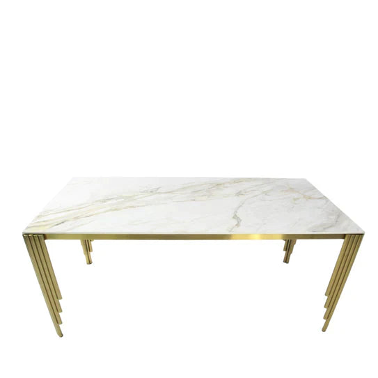 Mayfair 180CM Gold Marble Dining Table With Carlton Gold Velvet Dining Chairs