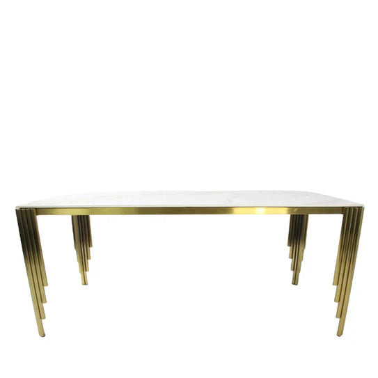 Mayfair 180CM Gold Marble Dining Table With Carlton Gold Velvet Dining Chairs