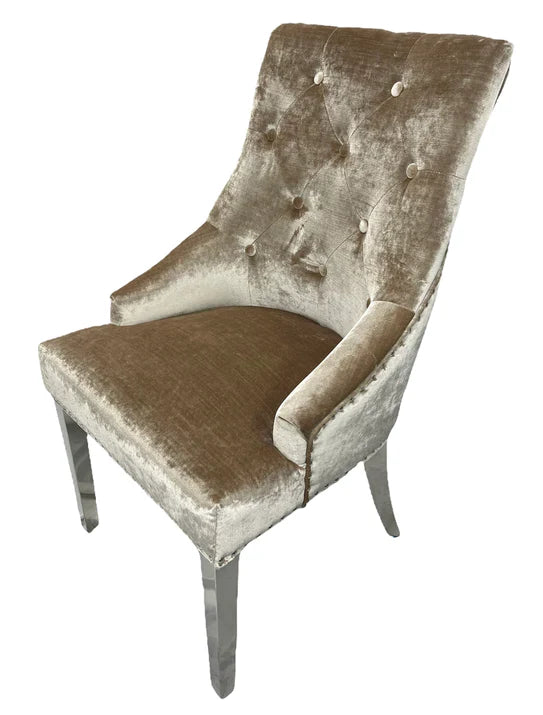 Louis Marble & Chrome Dining Table With Shimmer Chrome Ring Knocker Chairs