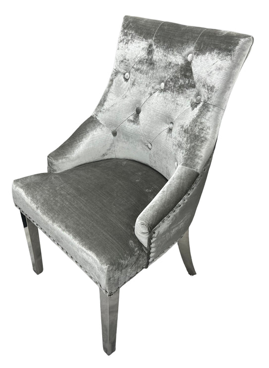 Arial Marble & Chrome Dining Table + Chrome Ring Knocker Velvet Chairs