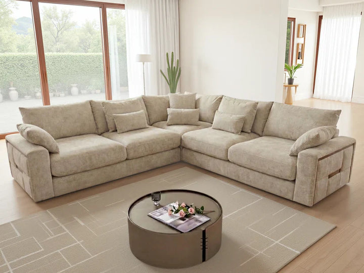 Berlin Sofa Beige Velvet Gold Trim Corner Sofa