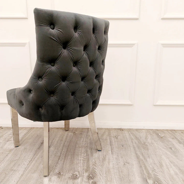 Kensington Dark Grey Button Back Plush Velvet Dining Chair Chrome Legs
