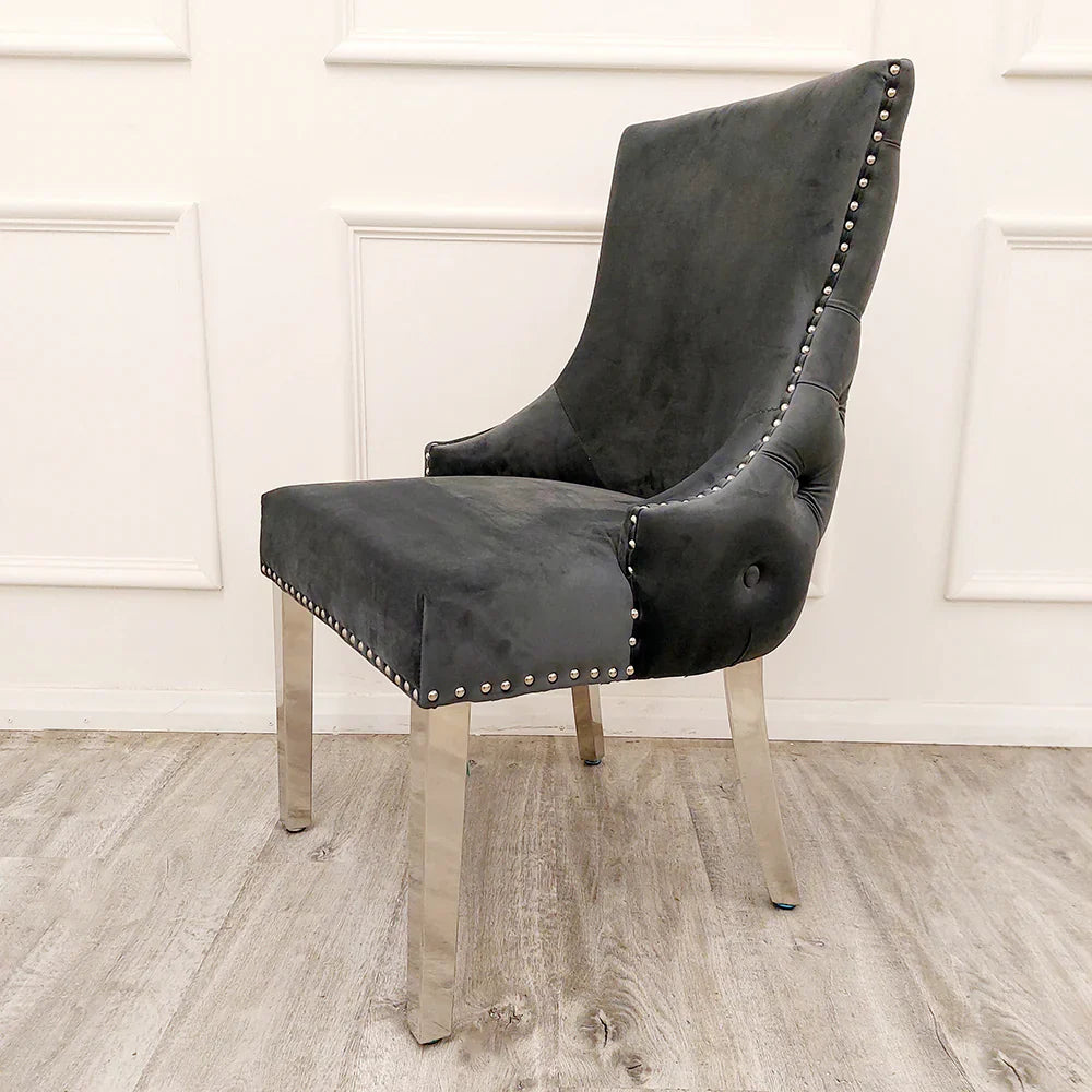 Arial 180cm Marble & Chrome Dining Table With Kensington Grey Button Dining Chairs