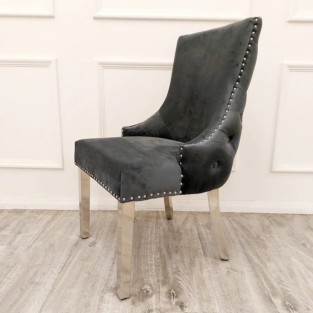 Kensington Dark Grey Button Back Plush Velvet Dining Chair Chrome Legs