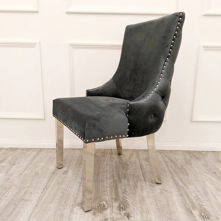Kensington Dark Grey Button Back Plush Velvet Dining Chair Chrome Legs