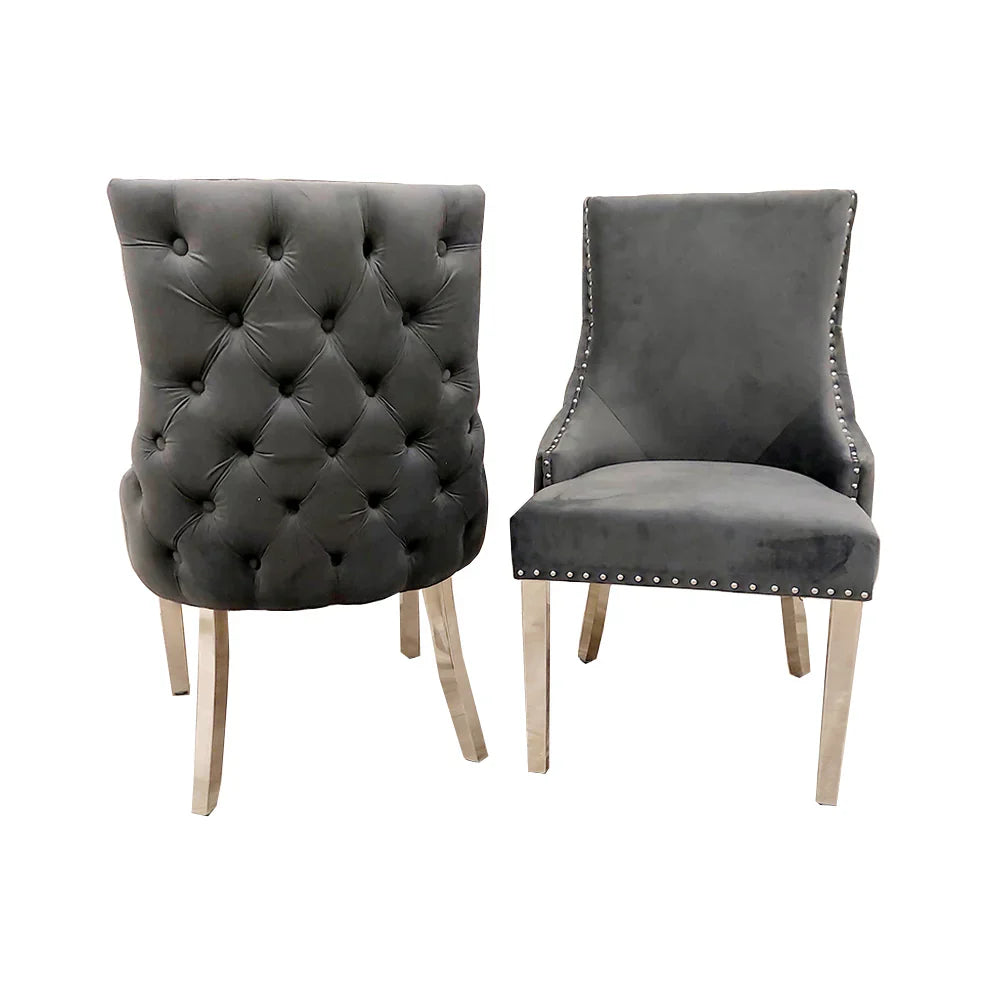 Arial 180cm Marble & Chrome Dining Table With Kensington Grey Button Dining Chairs