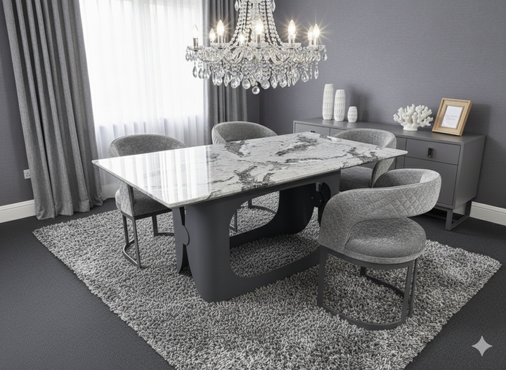 Lina Grey Marble 180cm Dining Table With Grey Velvet Dining Chairs