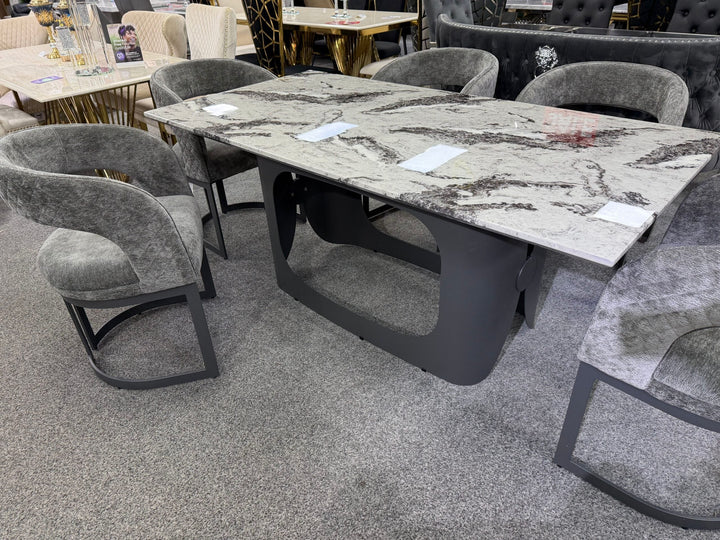Lina Grey Marble 180cm Dining Table With Grey Velvet Dining Chairs