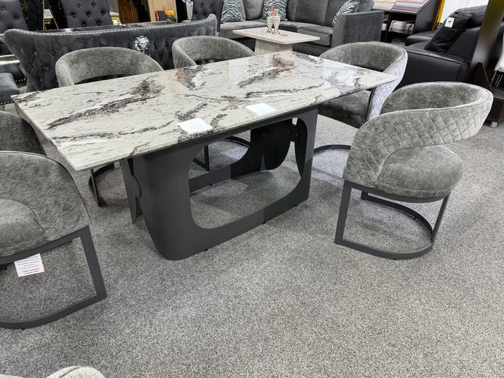 Lina Grey Marble 180cm Dining Table With Grey Velvet Dining Chairs