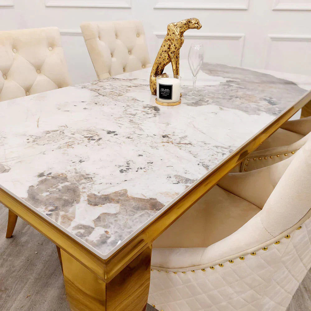 Louis Pandora Gold Marble Dining Table With Victoria Shimmer Velvet Lion Knocker Velvet Chairs
