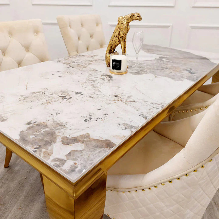 Louis Pandora Gold Marble Dining Table With Victoria Shimmer Velvet Lion Knocker Velvet Chairs