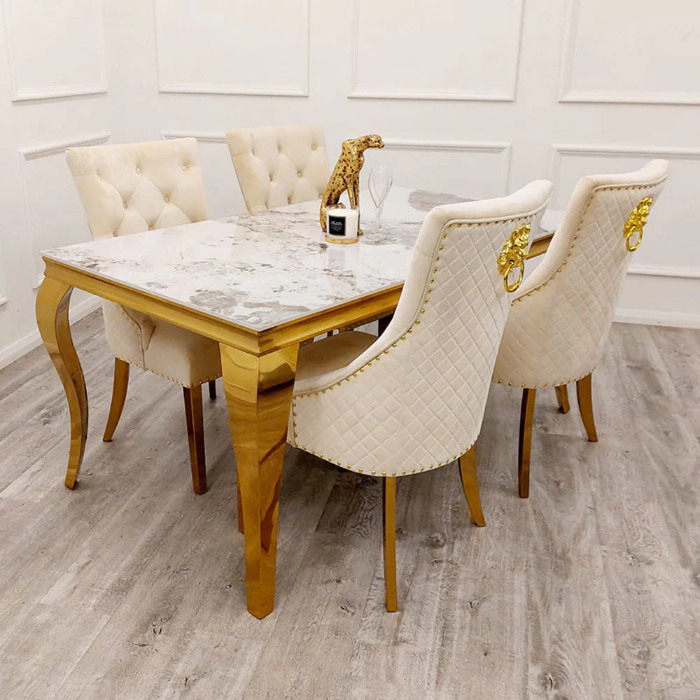 Louis Marble & Gold Dining Table With Quilted Gold Lion Knocker Velvet Chairs