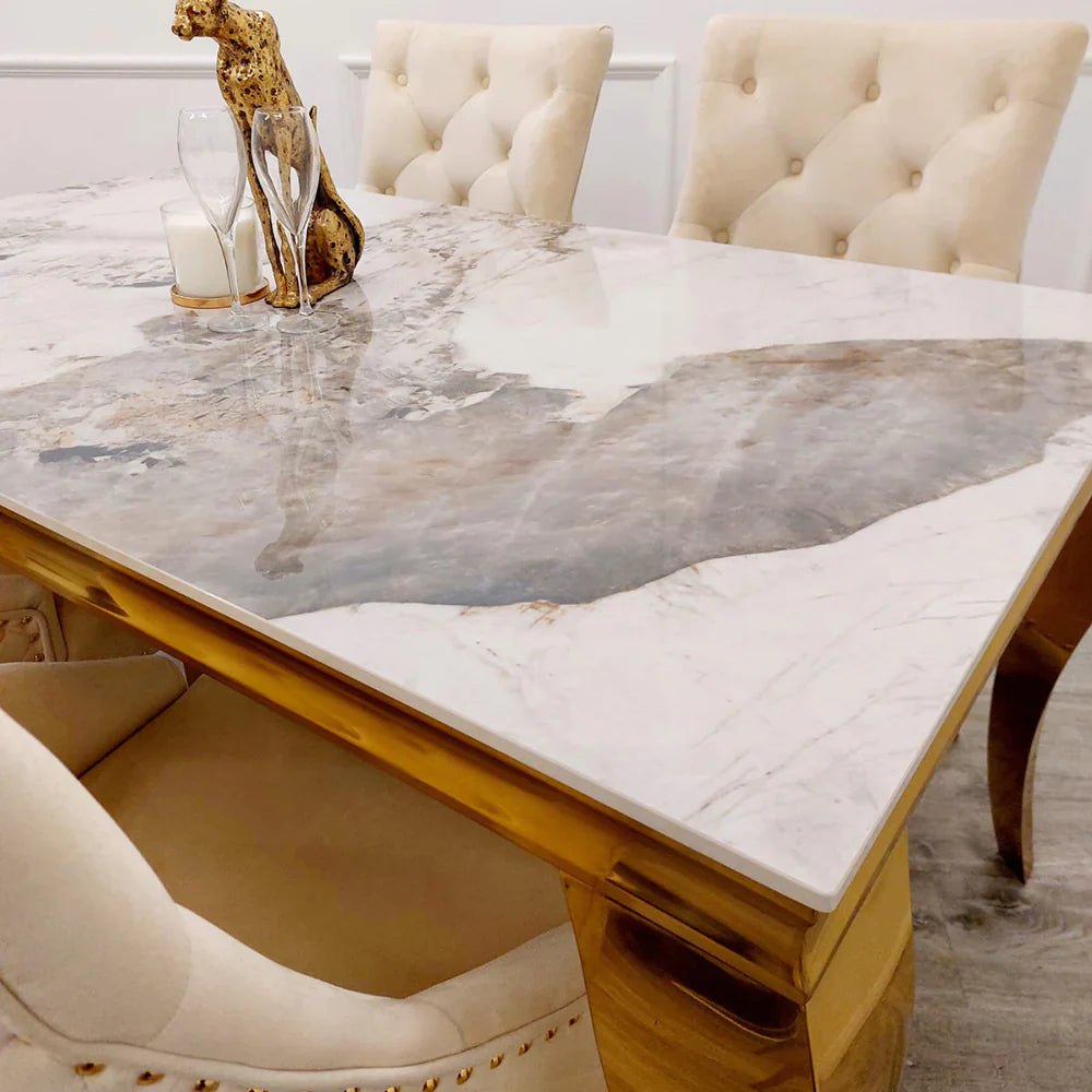 Louis Marble & Gold Dining Table With Shimmer Gold Lion Knocker Dining Chairs