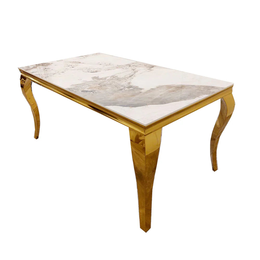 Louis Pandora Gold Marble Dining Table With Lucy Slim Quilted Gold Ring Knocker Velvet Chairs