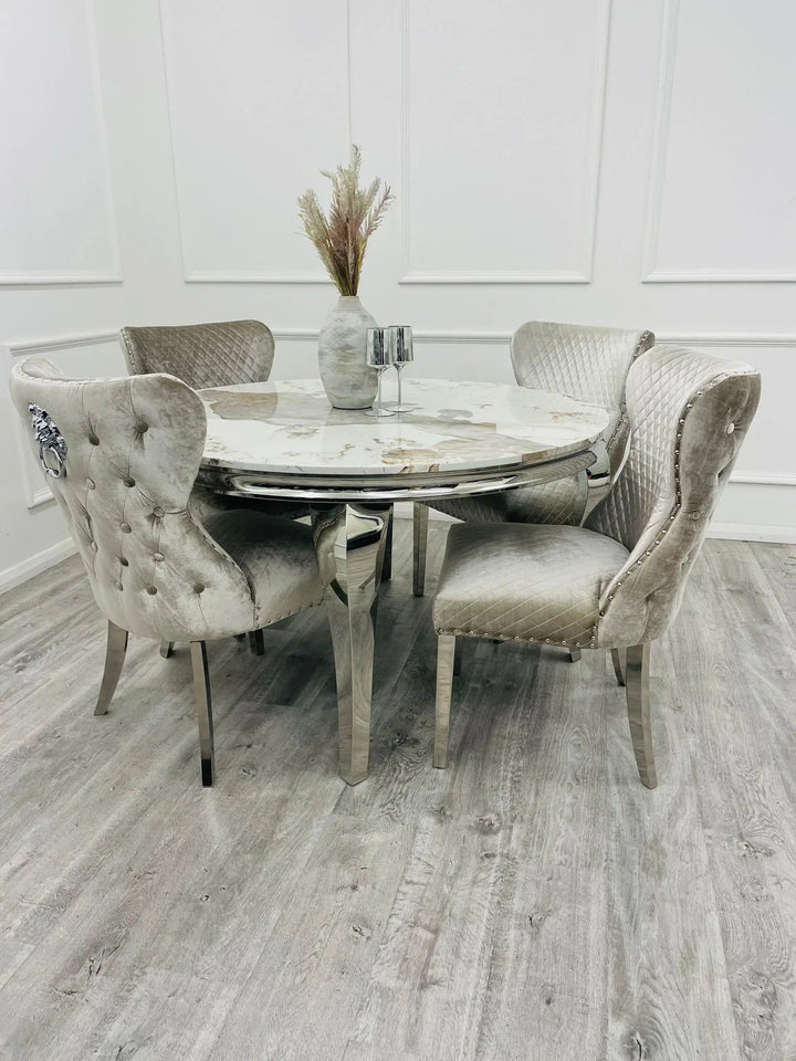 Louis 130cm Marble Round Dining Table + Valente Lion Dining Chairs
