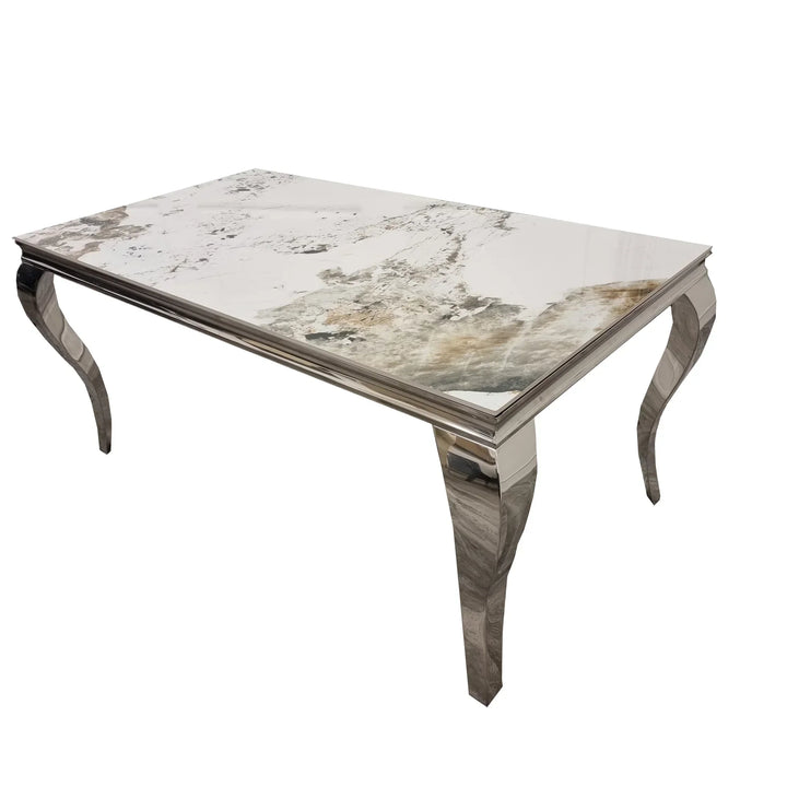 Louis Pandora Gold Chrome Marble Dining Table And Valente Shimmer Lion Dining Chairs