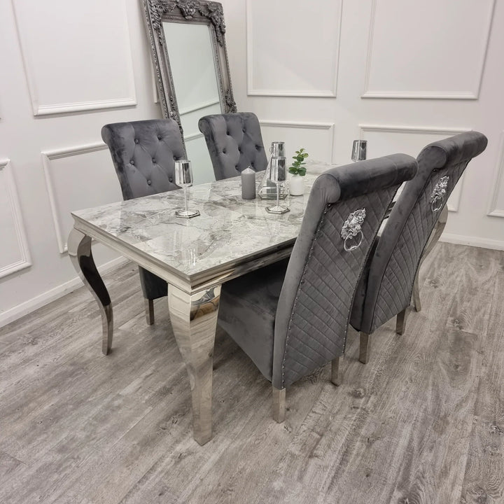 Louis Marble & Chrome Dining Table With Lucy Slim Quilted Lion Knocker Velvet Chairs