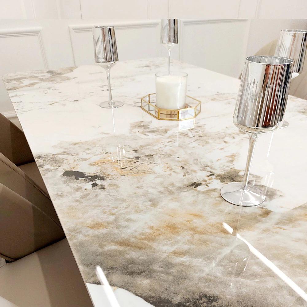 Lucien 180cm Gold Dining Table with Pandora Gold Sintered Stone Top + Gold Lion Knocker Dining Chairs-Esme Furnishings
