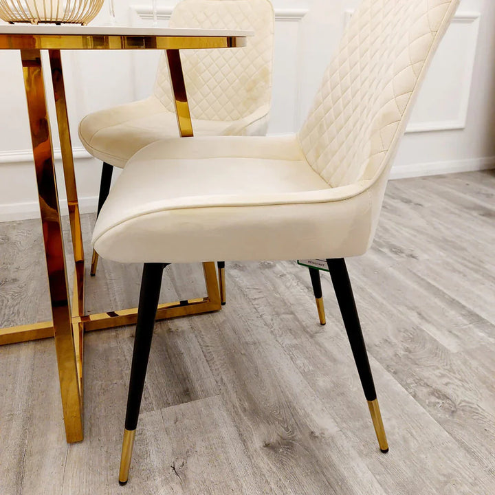 Orion Gold 180cm Dining Table with Polar White Ceramic Marble Top + Luna Plush Velvet Dining Chairs