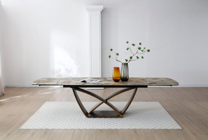 Lavish 200-300cm Italian Pandora Ceramic Marble Side Extending Dining Table With Milo Walnut Wooden Dining Chairs