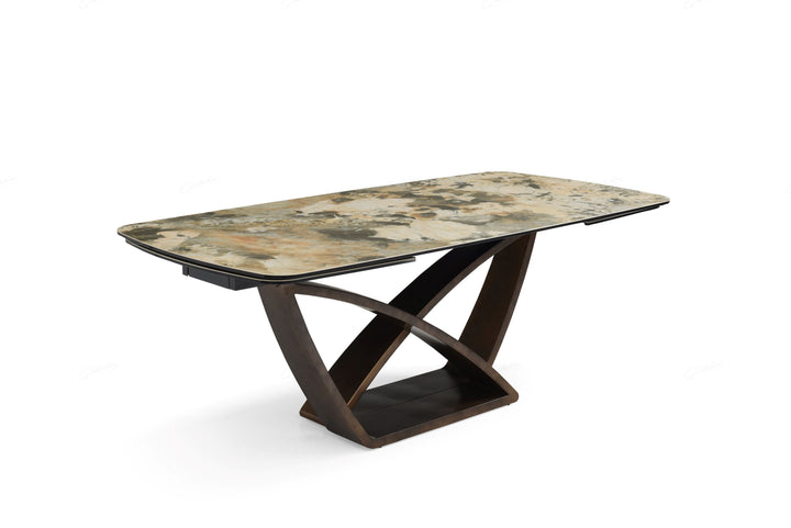 Lavish 200-300cm Italian Pandora Ceramic Marble Side Extending Dining Table With Milo Walnut Wooden Dining Chairs