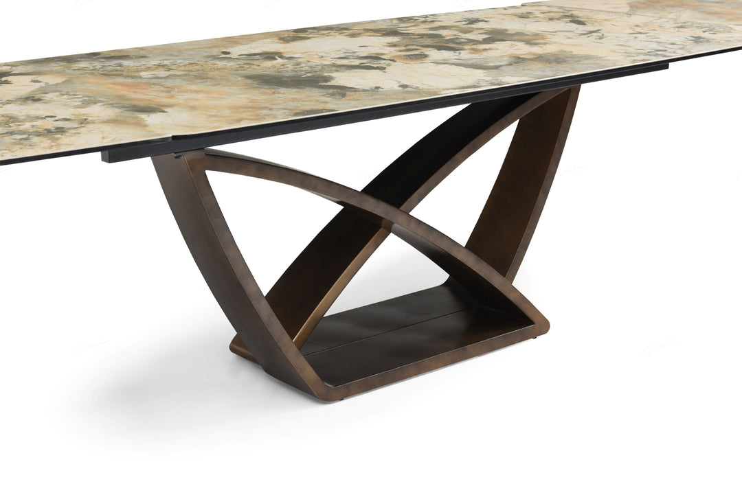 Lavish 200-300cm Italian Pandora Ceramic Marble Side Extending Dining Table With Milo Walnut Wooden Dining Chairs