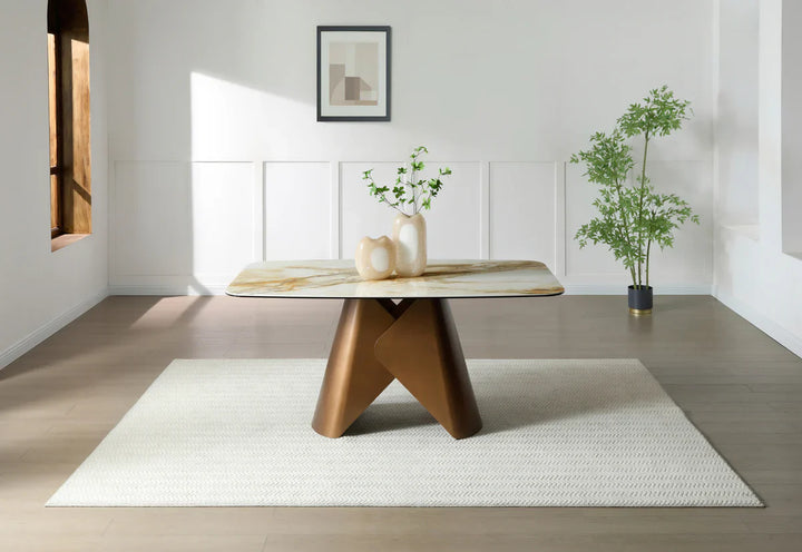 Levente 160cm Italian Brass & White Pandora Classico Ceramic Marble Dining Table