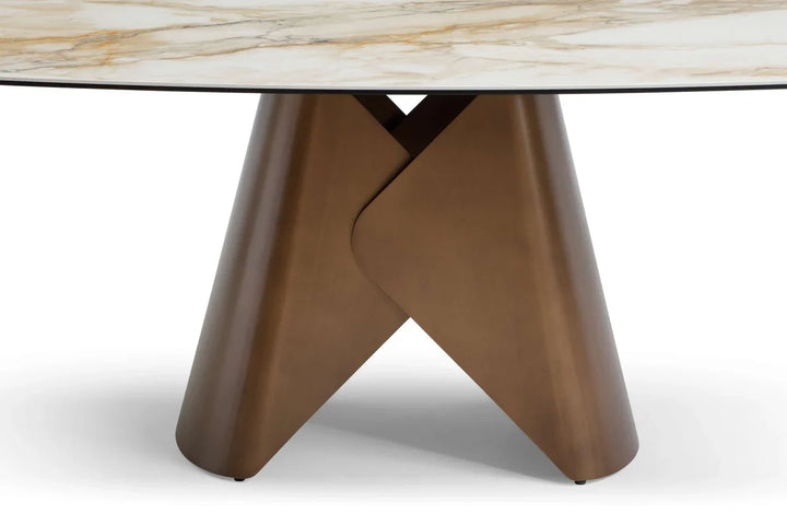 Levente 160cm Italian Brass & White Pandora Classico Ceramic Marble Dining Table