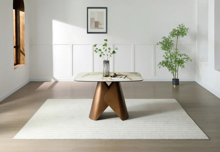 Levente 120cm Italian Brass & White Pandora Classico Ceramic Marble Dining Table
