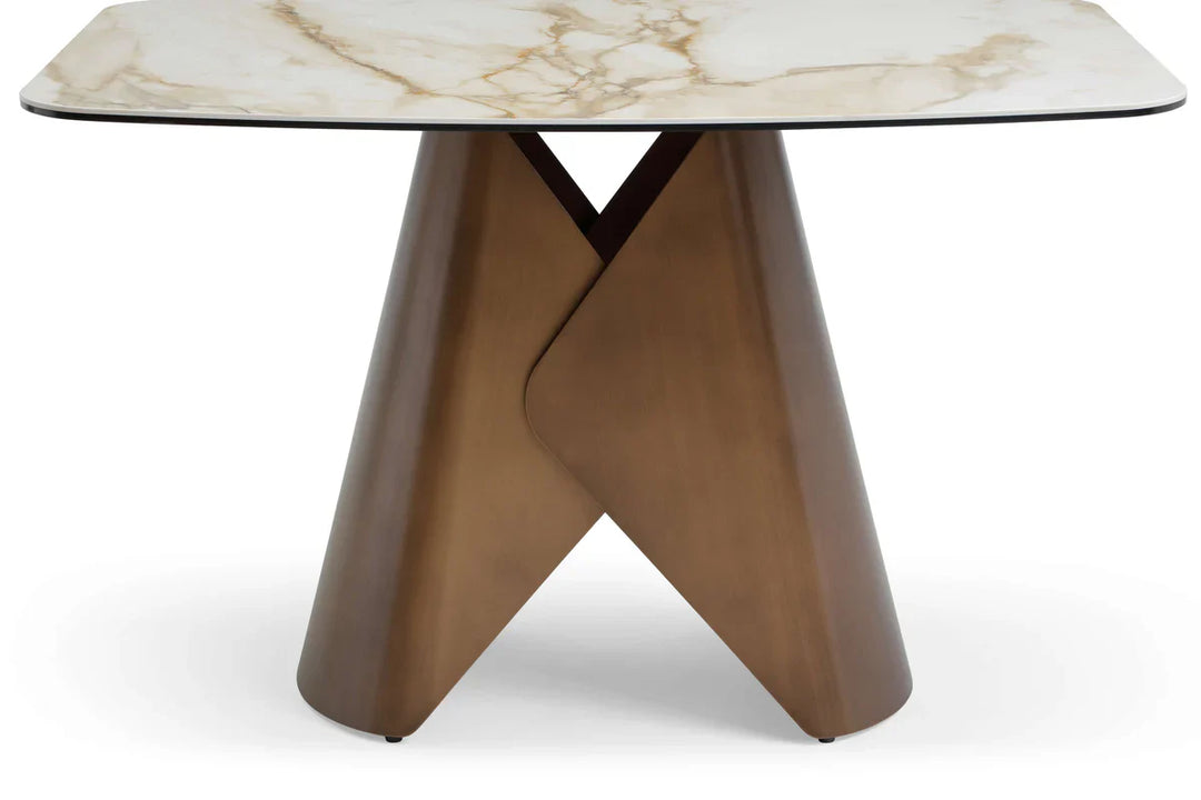 Levente 120cm Italian Brass & White Pandora Classico Ceramic Marble Dining Table