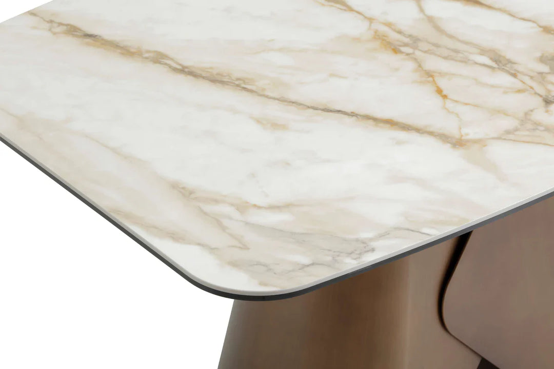 Levente 120cm Italian Brass & White Pandora Classico Ceramic Marble Dining Table