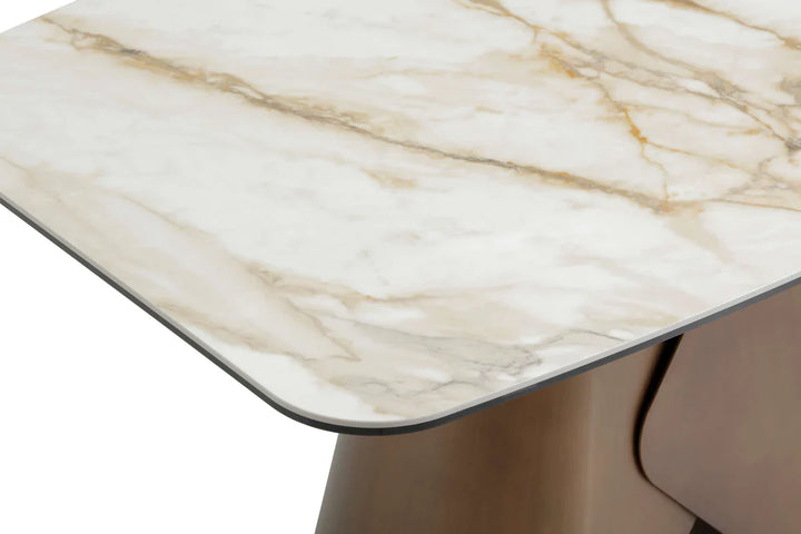 Levente 120cm Italian Brass & White Pandora Classico Ceramic Marble Dining Table