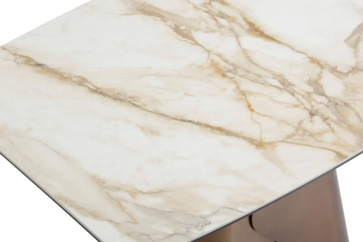 Levente 120cm Italian Brass & White Pandora Classico Ceramic Marble Dining Table