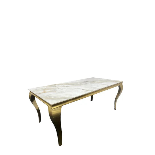 Louis Marble & Gold Dining Table With Lucy Quilted Gold Ring Knocker Velvet Chairs