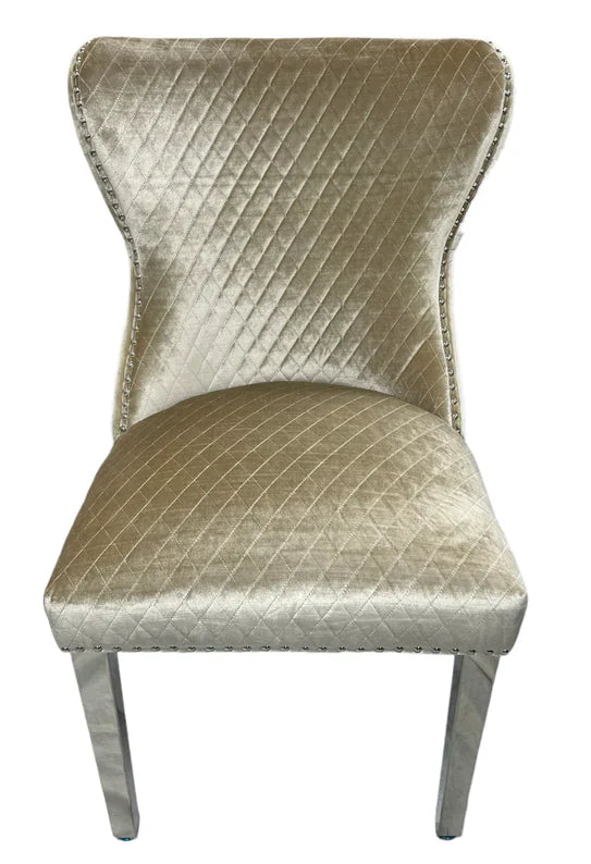 Louis Marble & Chrome Dining Table With Shimmer Valente Lion Knocker Chairs