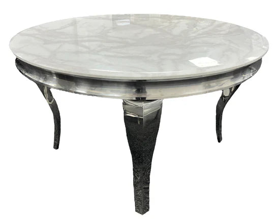 Louis 130cm Marble Round Dining Table + Lucy Slim Quilted Lion Dining Chairs