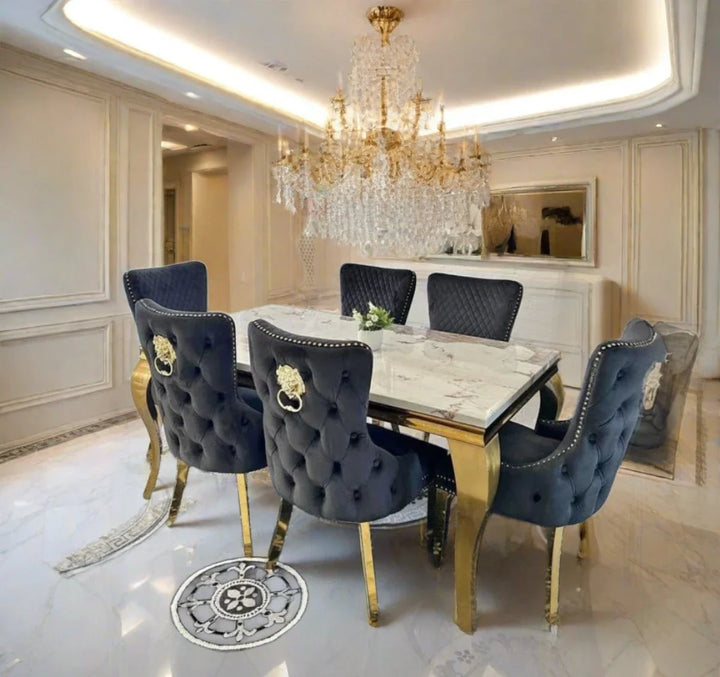 Louis Pandora Cream Gold Marble Dining Table With Victoria Gold Lion Knocker Velvet Chairs