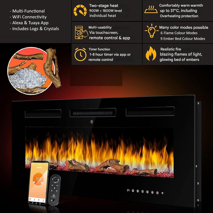 Luminis Black 60" WI-FI Insert Electric Fire 10 Colour LED Glass Wall Mounted Inset