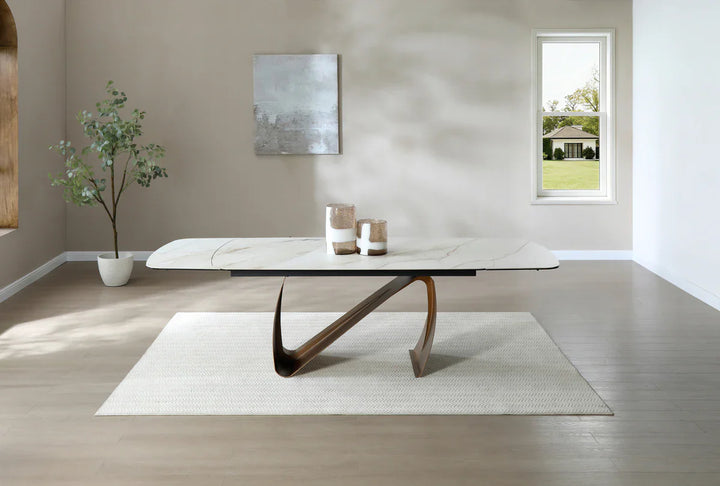Lusso 180-260cm Italian Brushed Brass & Sunset Statuario Ceramic Marble Side Extending Dining Table