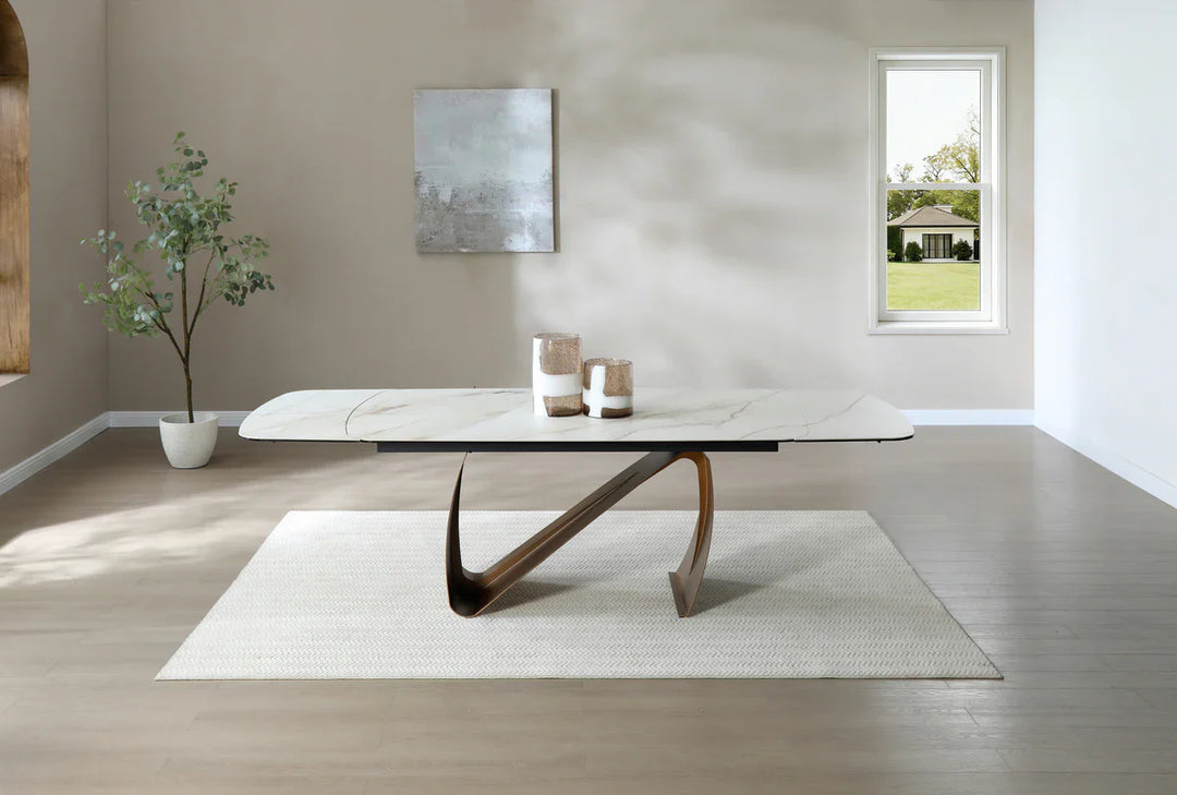 Lusso 180-260cm Italian Brushed Brass & Sunset Statuario Ceramic Marble Side Extending Dining Table With Milo Walnut Wooden Dining Chairs