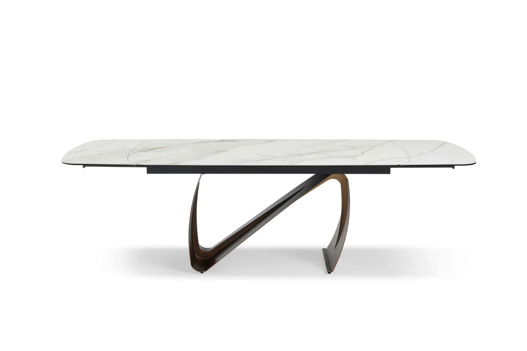 Lusso 180-260cm Italian Brushed Brass & Sunset Statuario Ceramic Marble Side Extending Dining Table With Milo Walnut Wooden Dining Chairs