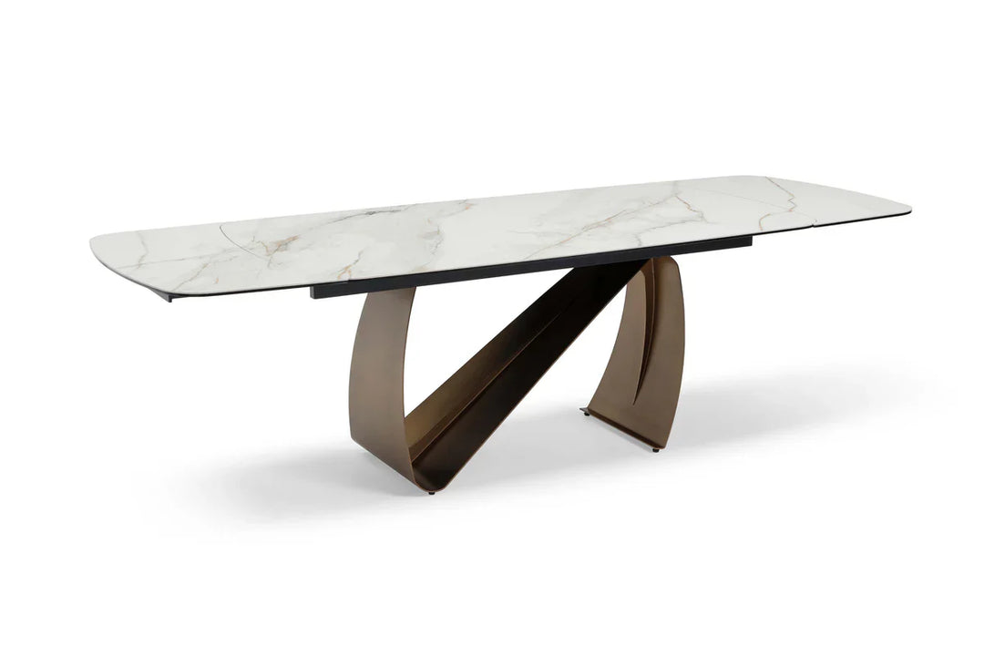 Lusso 180-260cm Italian Brushed Brass & Sunset Statuario Ceramic Marble Side Extending Dining Table