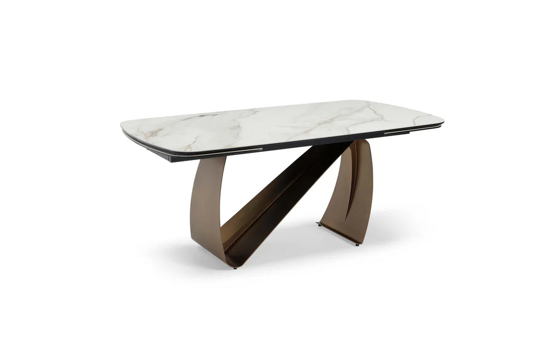Lusso 180-260cm Italian Brushed Brass & Sunset Statuario Ceramic Marble Side Extending Dining Table